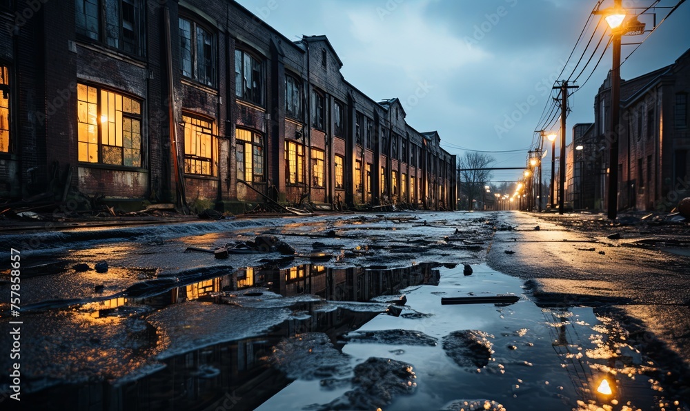 City Street With Puddles of Water City Street With Puddles of Water