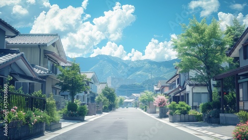 empty street in front of two rows of houses on both sides with mountainous terrain and a blue sky with white clouds in summer. 
