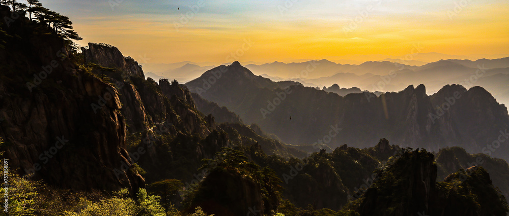 Landscape of Huangshan Yellow Mountain unesco world heritage site. Located in Anhui province. - obrazy, fototapety, plakaty 