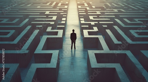 A person standing in front of a maze symbolizing problem solving, Maze, problem solving, person