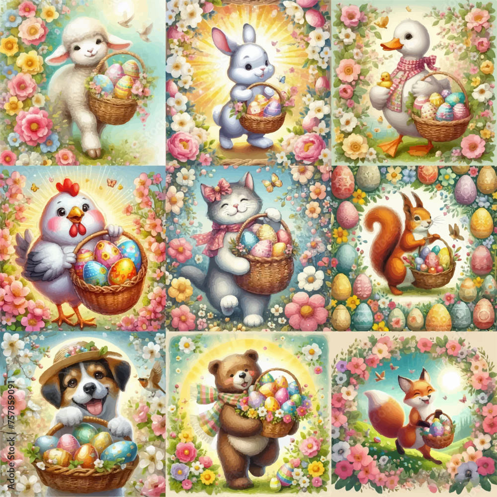 set of  joyful animals with a basket easter eggs