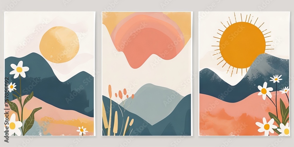 Abstract serene illustration featuring layered mountains with a warm sun and blooming flowers in a calming color palette, invoking a sense of peace and nature's beauty. Great as banner design.