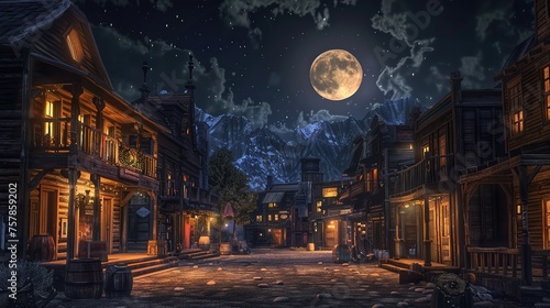 Western town street on moonlight photo