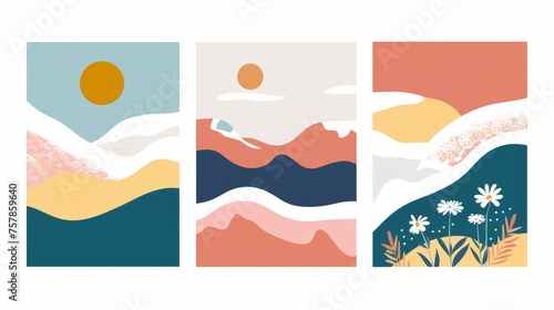 Abstract serene illustration featuring layered mountains with a warm sun and blooming flowers in a calming color palette, invoking a sense of peace and nature's beauty. Great as banner design. © MiniMaxi