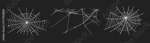 Spooky halloween old spider web with various sizes and shapes. Old cobweb set vector illustration for dark gothic decoration for holidays. Corner spider net insect thread cobweb scary frames.