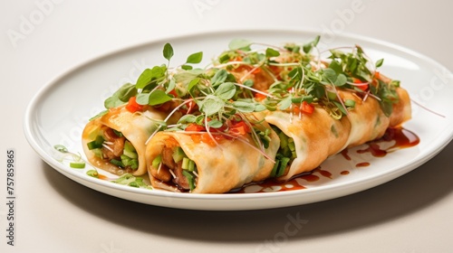 Vegetable Spring Rolls Presented on White Plate with Light Background
