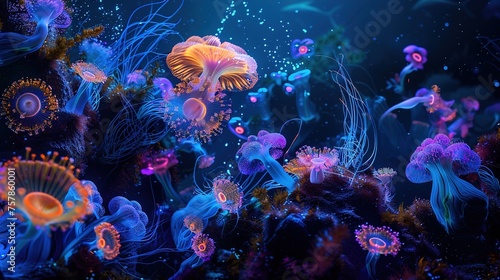 Bioluminescent organisms merging with digital underwater scene, illustrating nature's bioluminescence. © Abdul