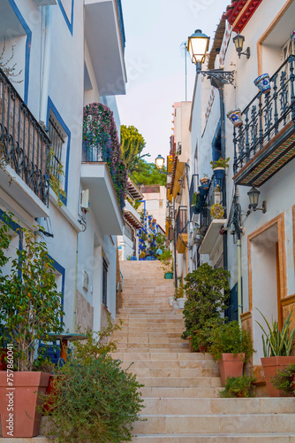 Narrow street with steps, white houses and blue potted plants in ancient neighborhood Santa Cruz in Alicante old town on hillside. Costa Blanca on Mediterranean sea coast, Spain