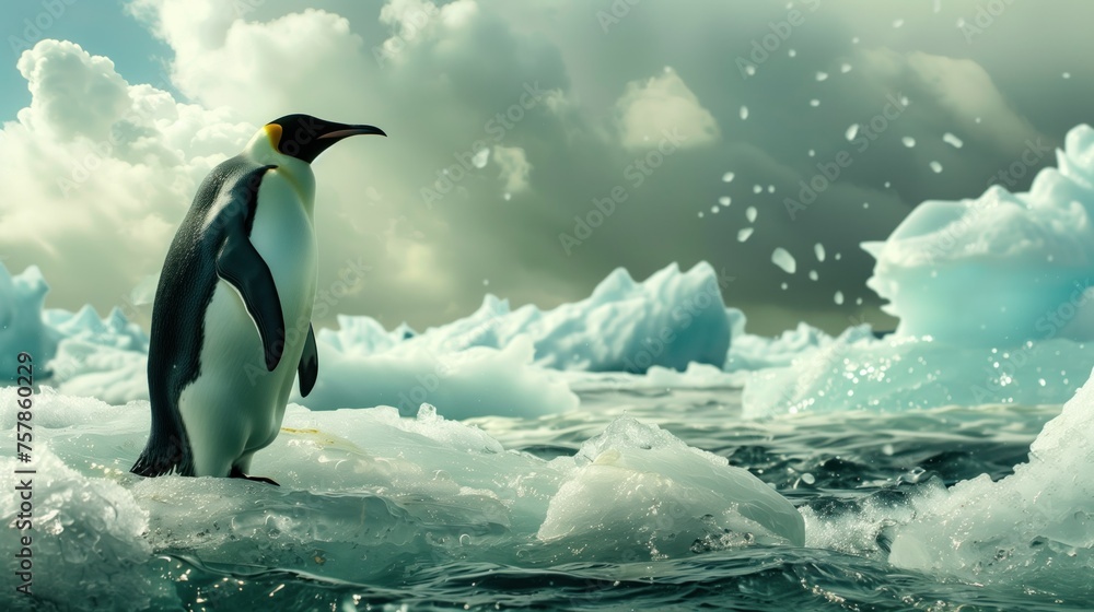 Obraz premium Solemn Guardian of the Ice, A solitary emperor penguin stands resolute amidst the turbulent waters and floating icebergs under a dramatic sky, a sentinel in the vast Antarctic expanse