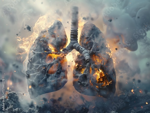 Inferno Within, A powerful visual metaphor depicting lungs enflamed with fire and smoke, symbolizing the destructive effect of smoking or air pollution on the respiratory system photo