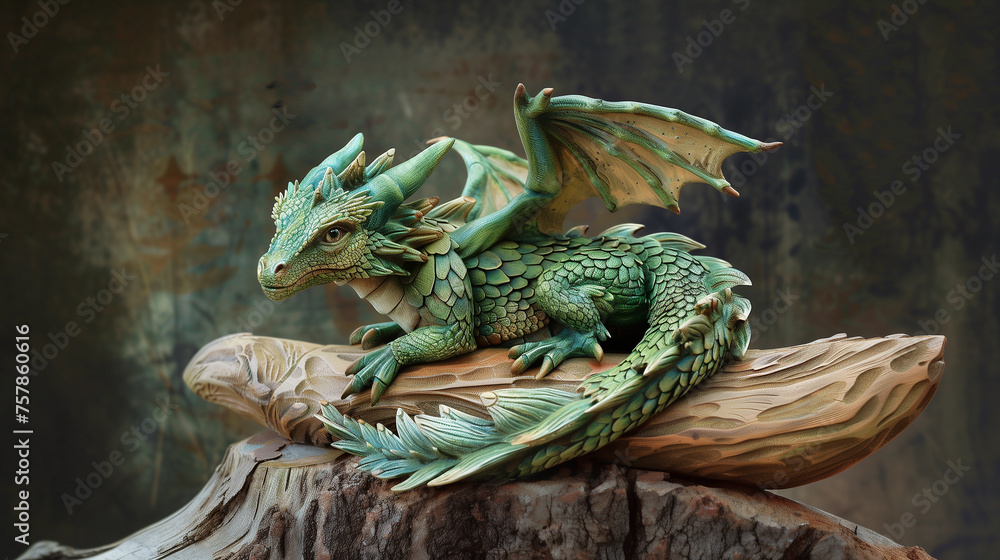 Fototapeta premium green dragon statue on wood, symbol 2024