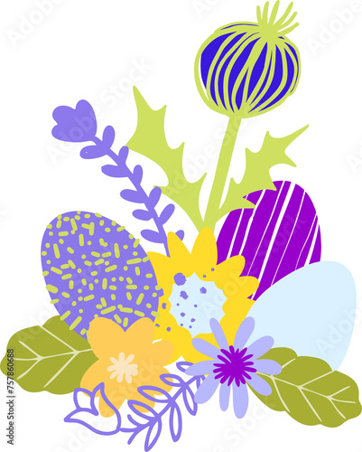 Cute cartoon composition of isolated botanical elements and symbolic Easter elements in flat style. Minimalist style of modern art. Spring digital illustration