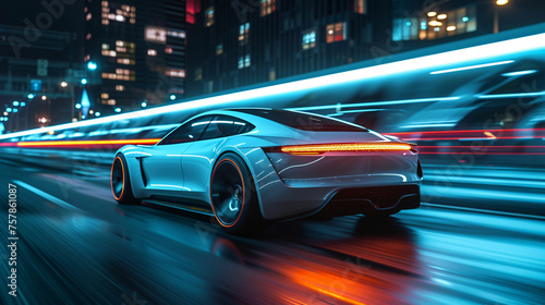 sports car accelerating fast speed on a neon highway © pickypix