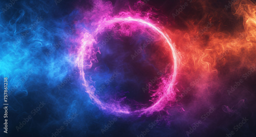 Obraz premium abstract neon light ring on dark night sky. Glowing geometric shape, round frame