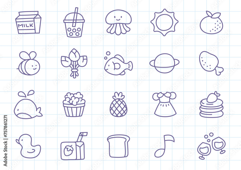 Kawaii icon set. Collection of cute hand drawn stickers isolated on a checkered background. Vector 10 EPS. Kawaii icon set. Collection of cute hand drawn stickers isolated on a checkered background. Vector 10 EPS.