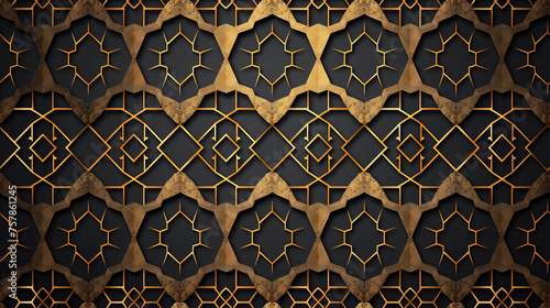 Abstract golden-lined Arabic geometric texture with tiled motif. Art deco wedding, party pattern ornament, linear style. Horizontal orientation luxury gold ornate elegant arabesque gradient backdrop