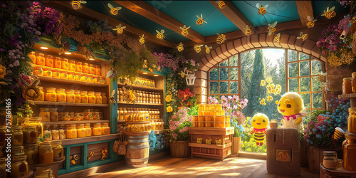 A delightful scene inside a honey shop with cheerful animated bees buzzing around, some selling honey, and one welcoming the visitors. 