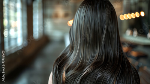 Long dark wavy hair. Back view