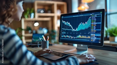 A woman sitting at a desk with her computer displaying stock market information, AI