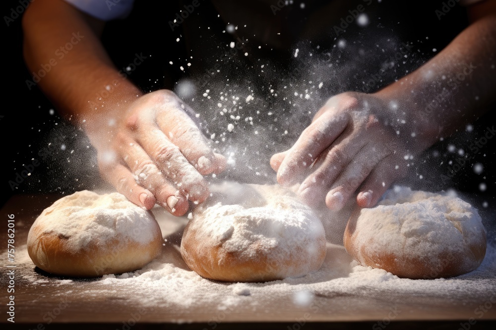 Detail of a baker's hands dusting flour over a doughnut.