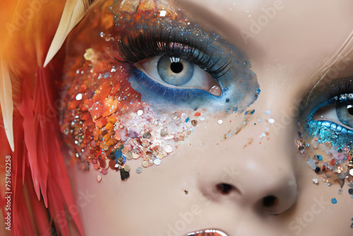 portrait of a redhead woman with decorative and artistic glitter makeup on her face