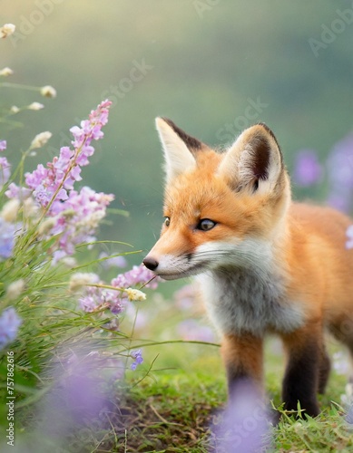 The whimsy of a baby fox smelling a meadow filled with flowers, with soft focus and dreamy lighting © Craitza