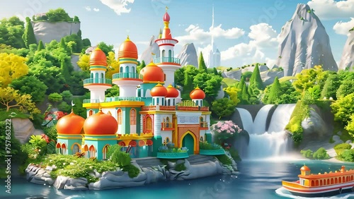 3D illustration of mosque with waterfall