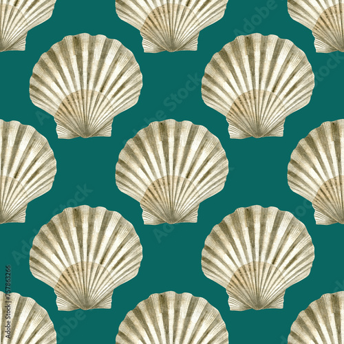 Seamless pattern of watercolor Seashell. Hand drawn illustration of sea Shell on green background. Colorful drawing of Scallop. Ocean Cockleshell marine underwater. For print decoration, fabric