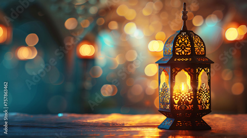 Elegant Ramadan Kareem background featuring lantern, arabesque motifs, Minimalist Islamic backdrop with burning candle, bokeh lights, festival poster, Suitable for Hari Raya, Eid Mubarak, Eid al Adha