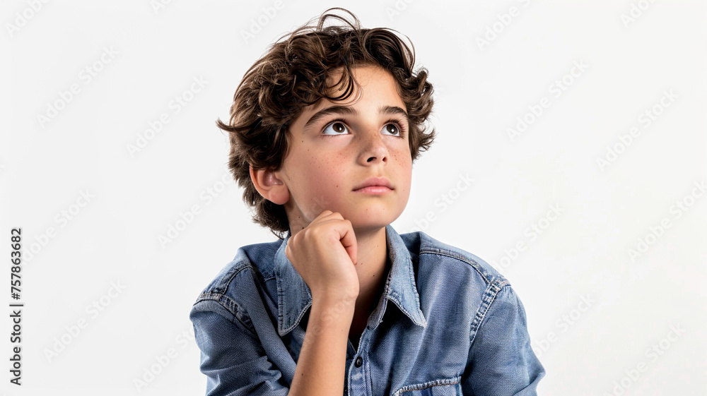 a boy in casual clothes poses in contemplation isolated on white background a boy in casual clothes poses in contemplation isolated on white background