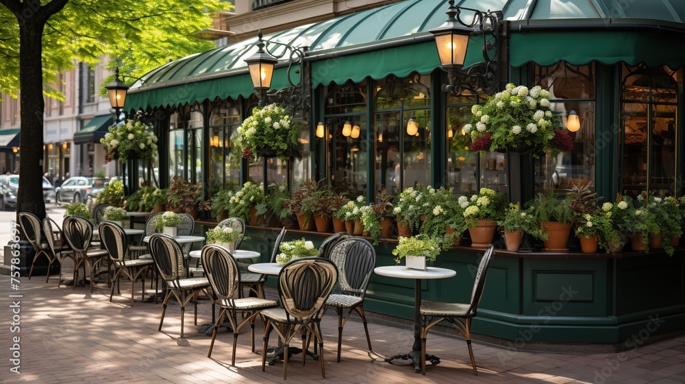 Outdoor cafe with beautiful green awnings and chairs