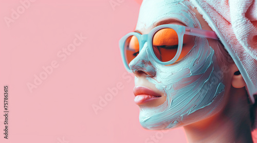 Woman Wearing Orange Sunglasses and Facial Mask for Skincare on Pink Background