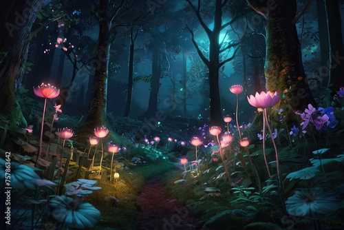 Enchanting fantasy forest at night: Glowing flowers in fairytale woods, mountain wonderland. Nature, fairy world concept.