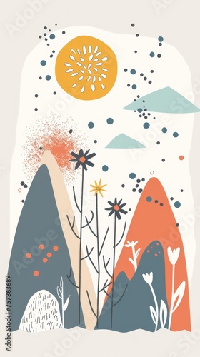 Abstract serene illustration featuring layered mountains with a warm sun and blooming flowers in a calming color palette  invoking a sense of peace and nature s beauty. Great as banner design.