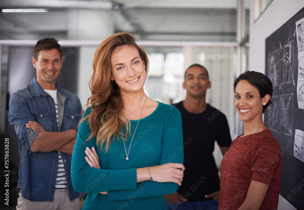 Businesswoman, smile and office portrait with colleagues, creative and professional career. Leadership, female person and confident with diversity coworkers in collaboration and standing together Businesswoman, smile and office portrait with colleagues, creative and professional career. Leadership, female person and confident with diversity coworkers in collaboration and standing together