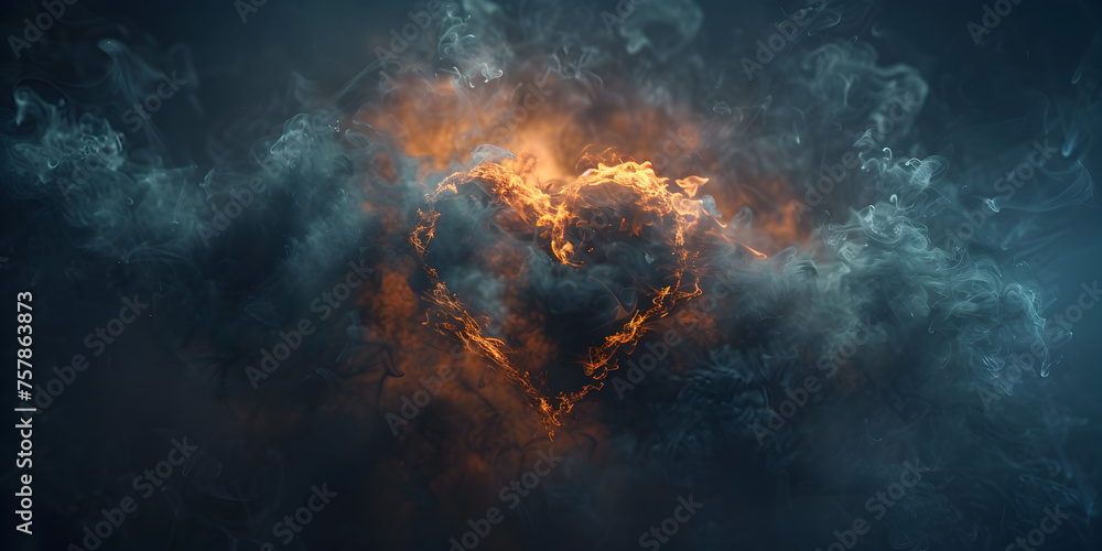 A heart is burning in flames among the clouds, Heart surrounded by misty clouds of warm and welcoming .