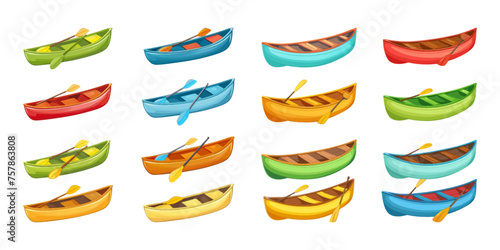 Set of colorful canoes on a white background.
