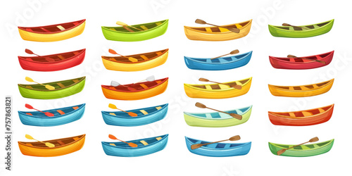 Set of colorful canoes on a white background.