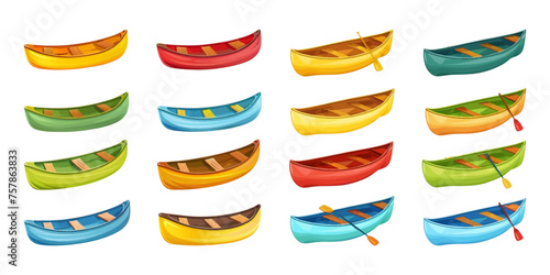 Set of colorful canoes on a white background.