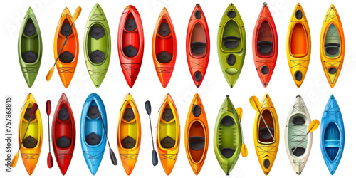 Set of colorful canoes on a white background.