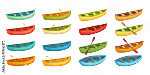 Set of colorful canoes on a white background.