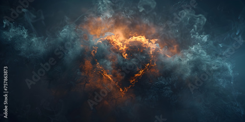 A heart is burning in flames among the clouds  Heart surrounded by misty clouds of warm and welcoming .
