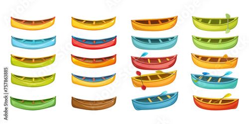 Set of colorful canoes on a white background.