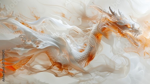 A close up of a white dragon with orange flames, AI
