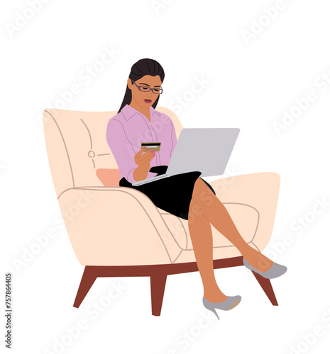 Young Business woman sitting on armchair with laptop and holding credit card. Pretty woman in office outfit shopping online, making payment. Flat vector illustration on transparent background.