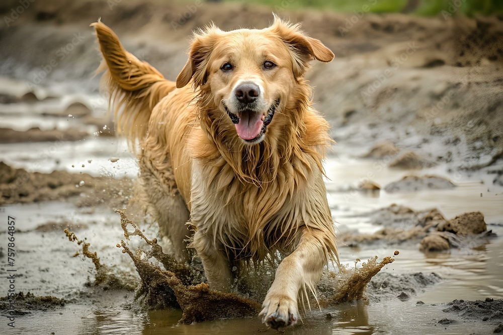 dirty golden retriever dog having fun playing in the mud