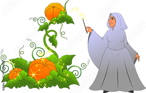 the fairy godmother turns a pumpkin into a carriage