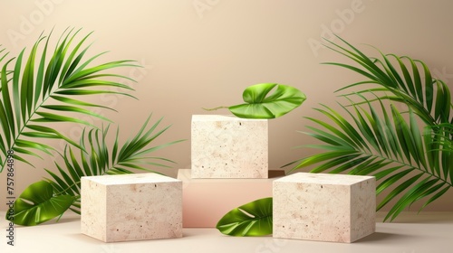 3D background with beige, pink realistic steps cube box stand podium. Green leaf decorate. 