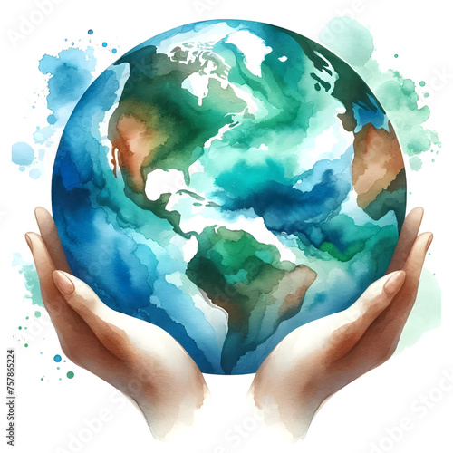 Human Hands Holding The Earth, World Environment Day illustration, Watercolor Environment Day. 