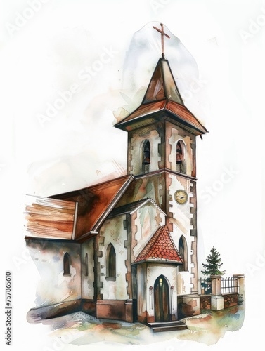 Watercolor Illustration of a Church on White Background Generative AI